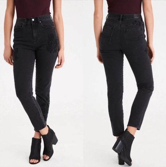 American Eagle Mom Jeans Embroidered Floral Faded black 8 Whimsigoth - Picture 5 of 15